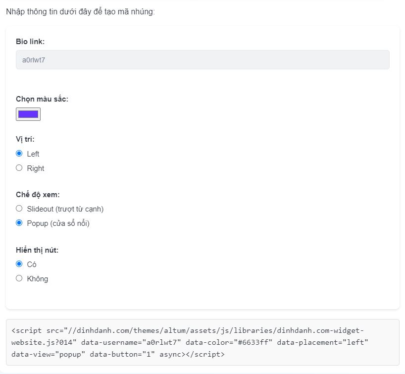 Cài đặt cho widget website